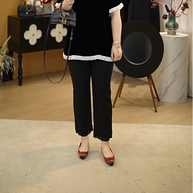 【深圳霞姐】夏季新品定制大码休闲欧根纱边烟管裤显瘦百搭