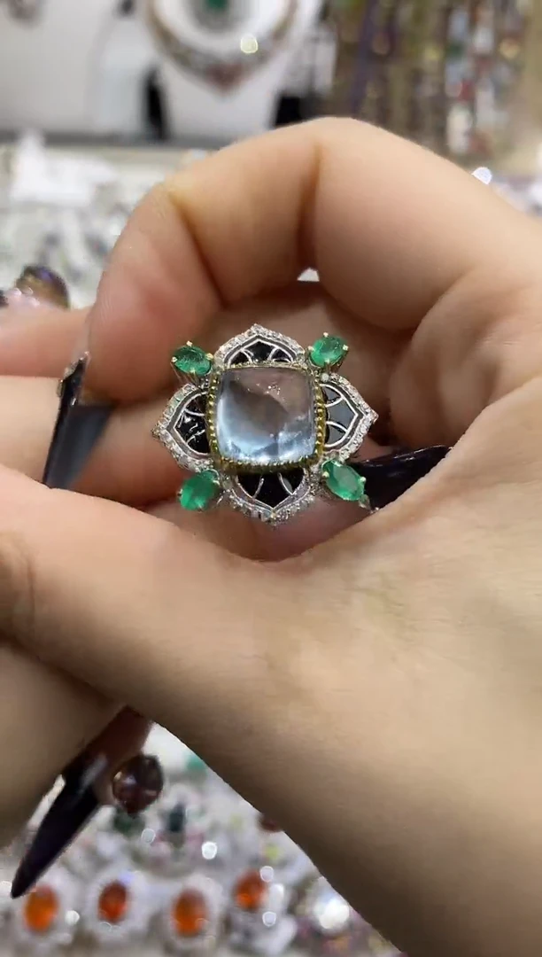 银S925镶嵌戒指定制海蓝宝石楚楚珠宝中古甄选不退换