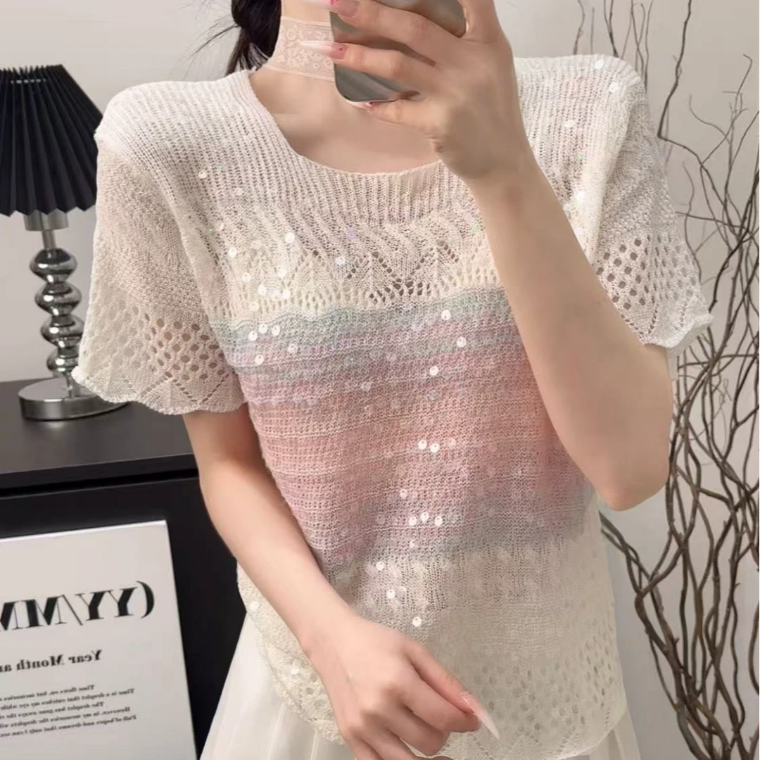 S699号粉色-夏季亮片重工感新款设计感洋气短袖针织衫夏天薄款