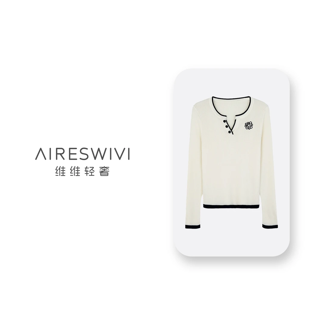 【罗伊经典】花绣撞色饰边V领针织上衣独特漂亮小衫M2506058