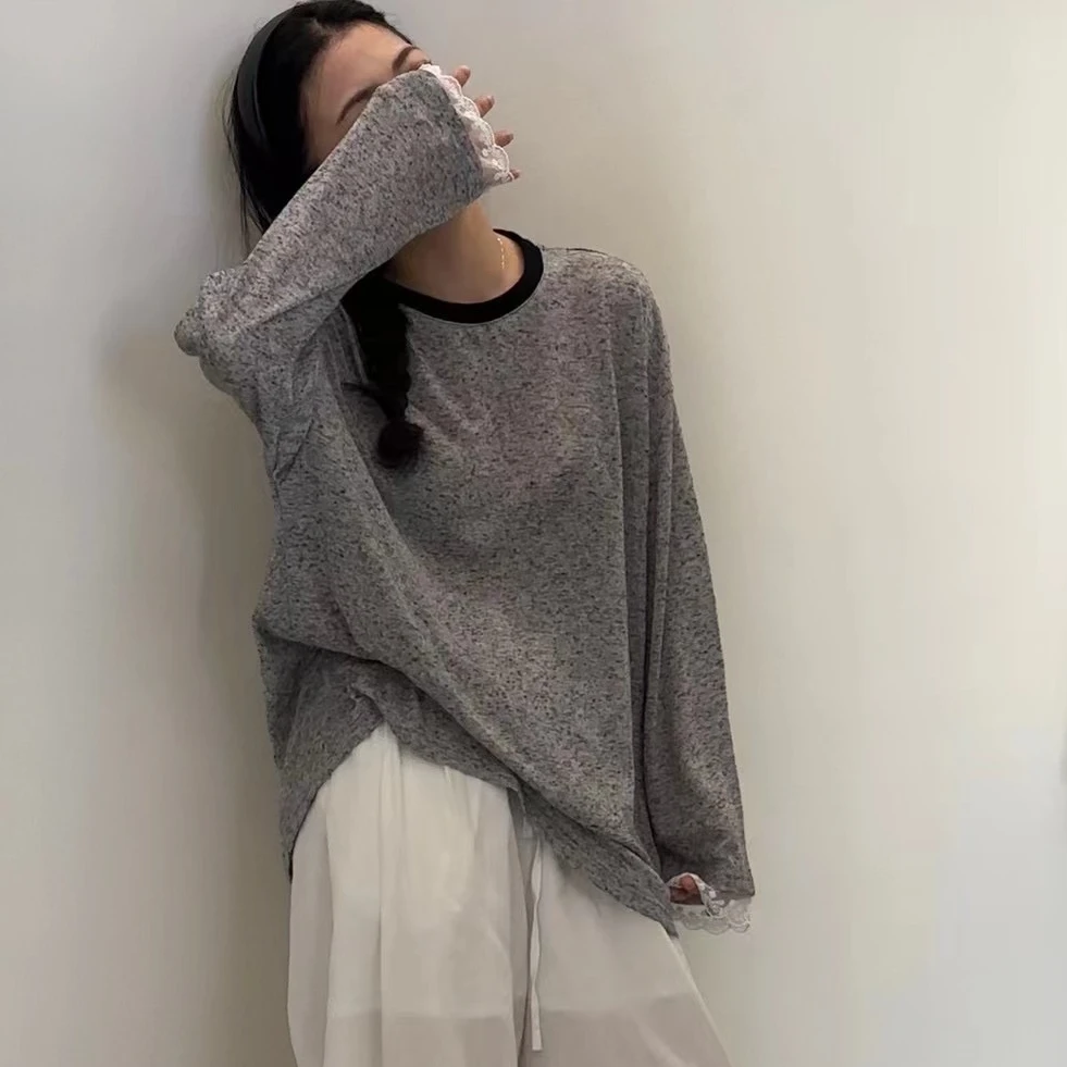 BEI 宽松休闲春夏透透的长袖T恤薄款圆领套头撞色