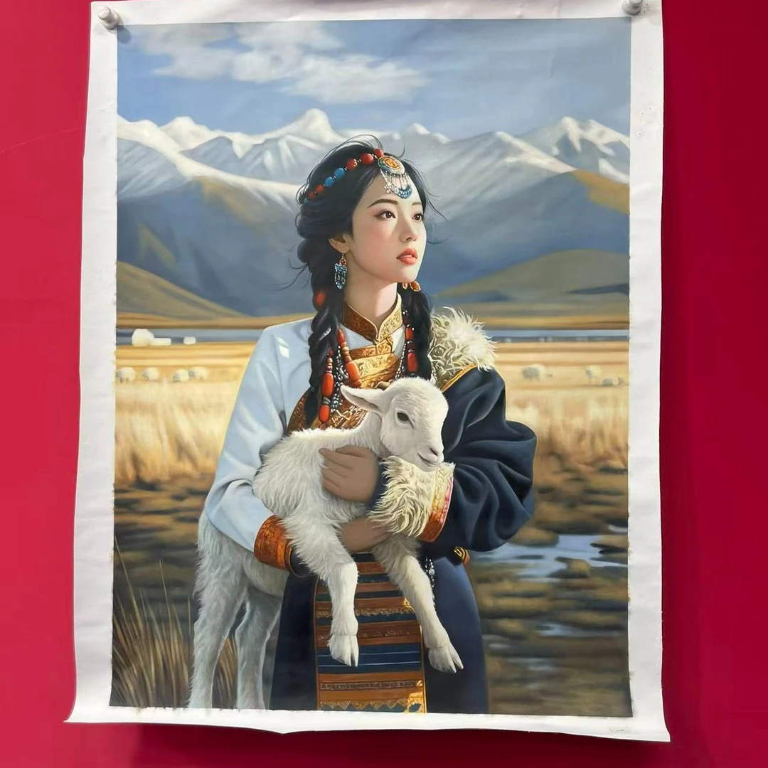 李新社手绘宣纸草原油画美女120*90竖幅人物画