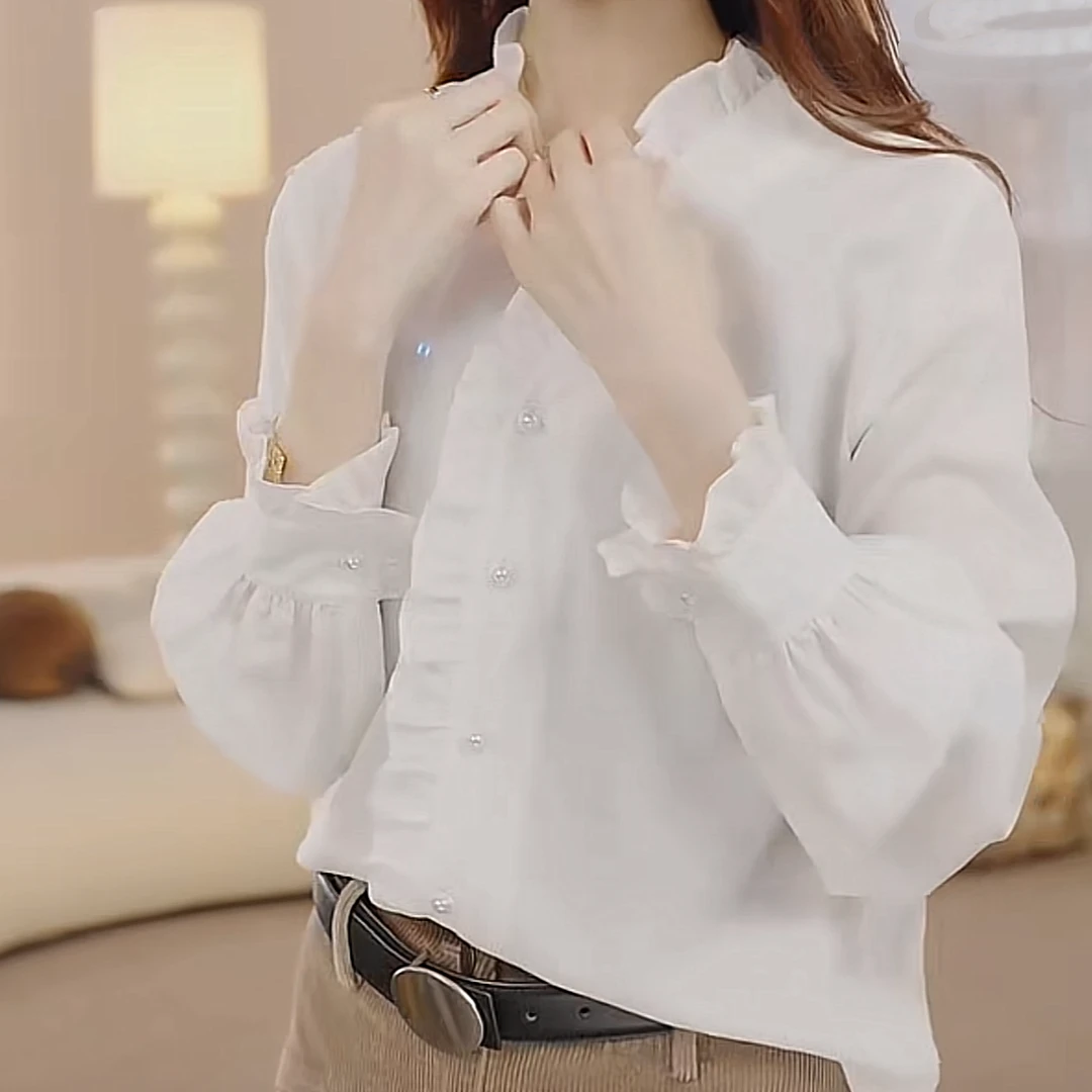 设计感法式浪漫木耳边V领长袖衬衫女2025春季新款100莱赛尔白衬衣