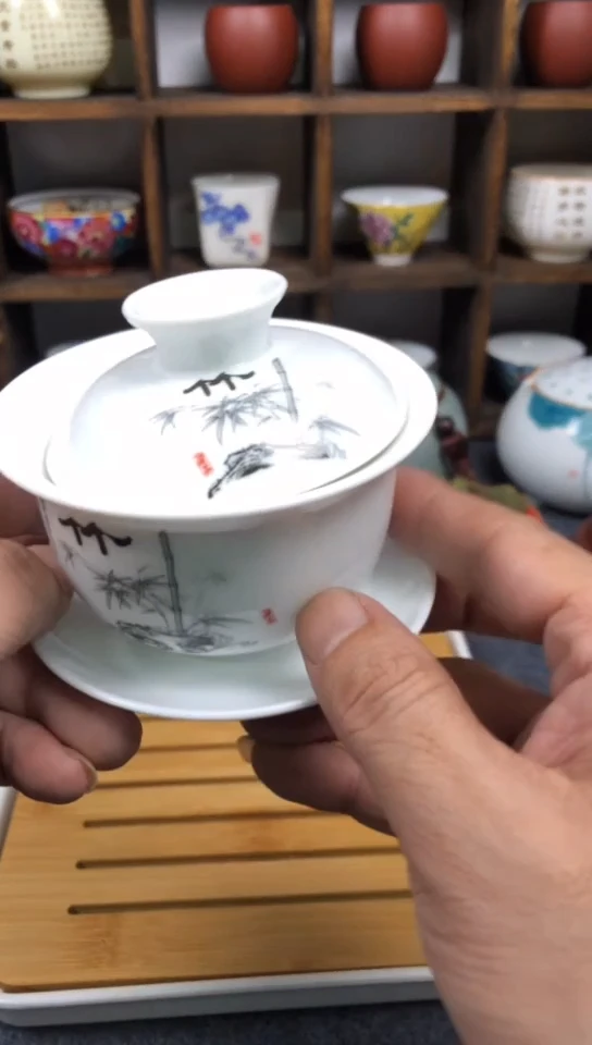 三彩盖碗青竹杯单个装