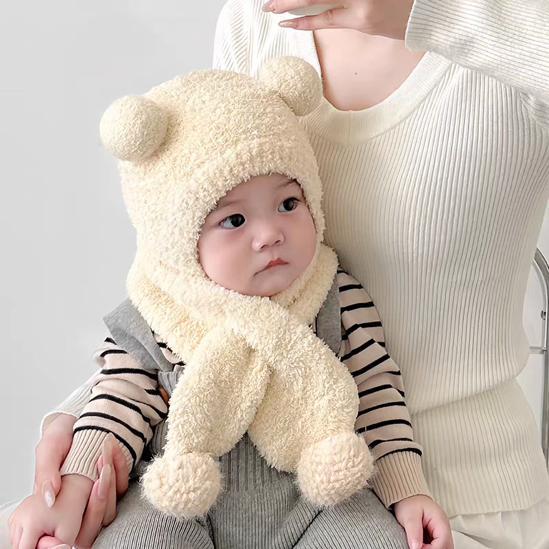 宝宝帽子围巾两件套冬天毛绒护耳帽加厚保暖婴幼儿针织套头帽可爱