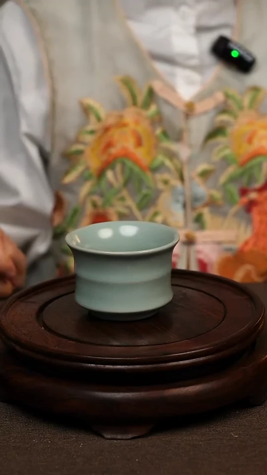 瓷片仿古天青竹节杯100ml 微瑕 不带礼盒