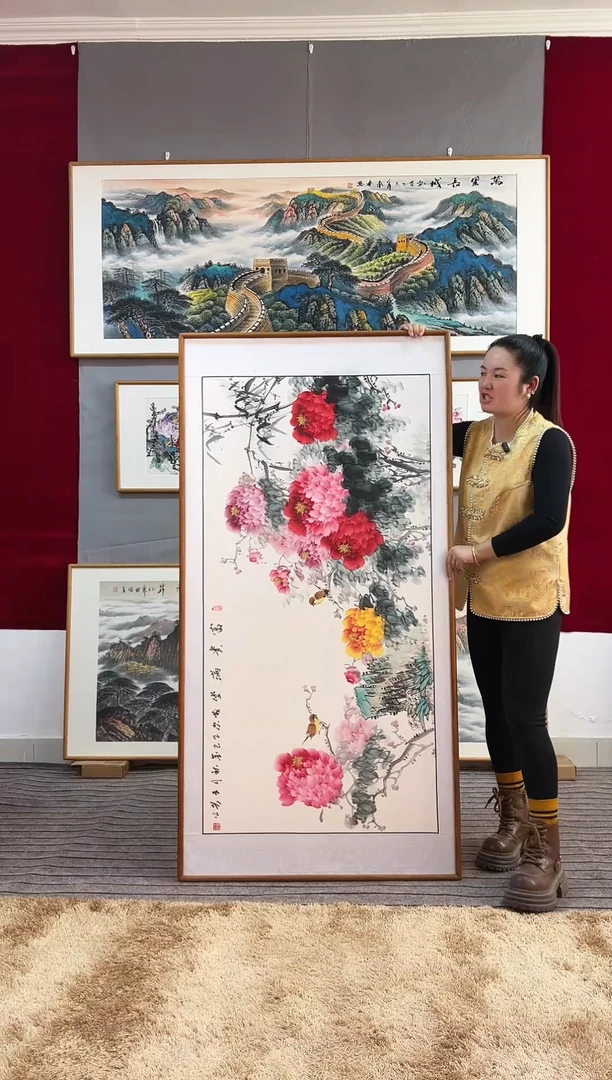 国画手绘牡丹162*82尺寸