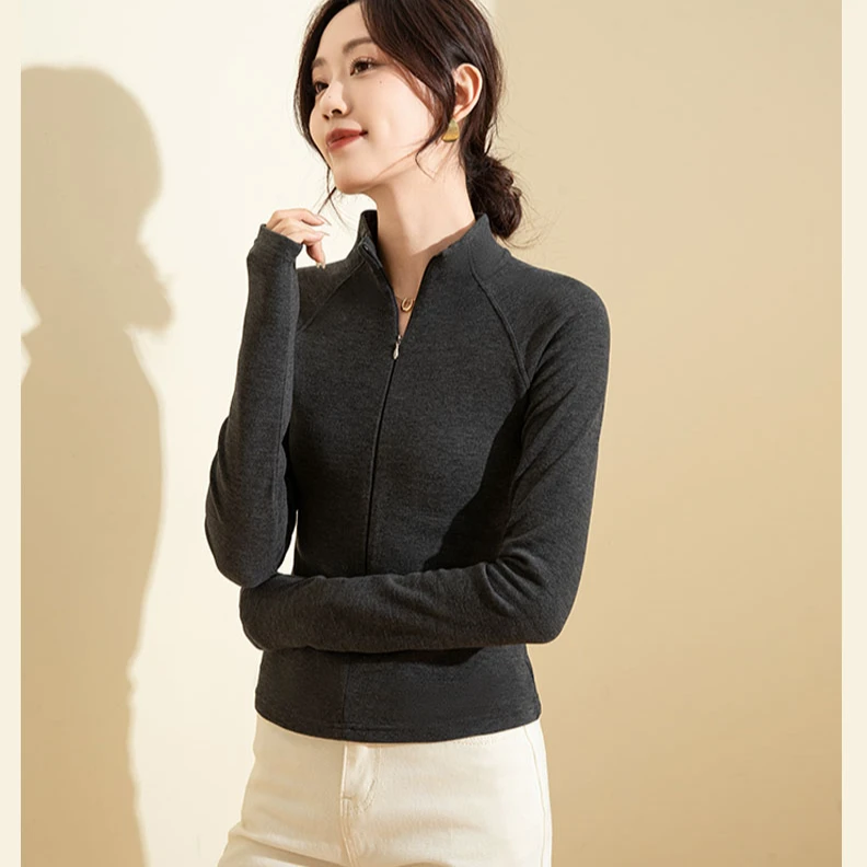 云朵羊毛速暖绒打底衫女秋冬立领半拉链修身显瘦保暖长袖L358