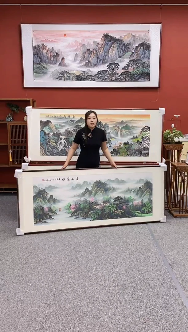 国画手绘春山绿水219*88cm