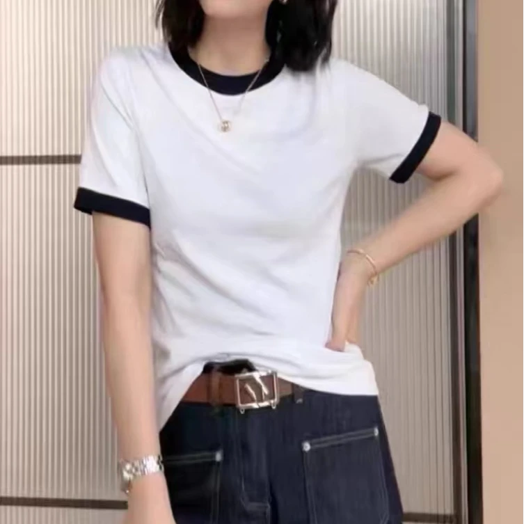 92棉夏季短袖t恤圆领拼接时尚新款休闲百搭上衣