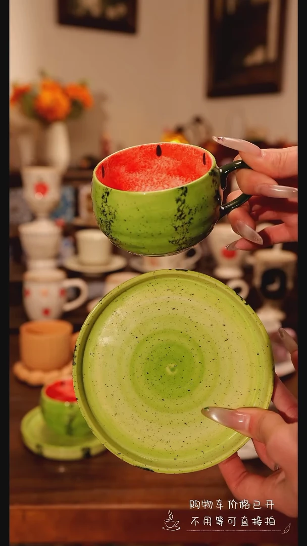 陶瓷便携款西瓜杯碟手作   手绘釉下彩