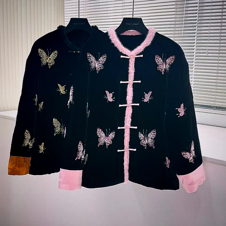 (刺绣棉服)常规款V领美观秋季直下摆短外套唐装女士重工秋冬