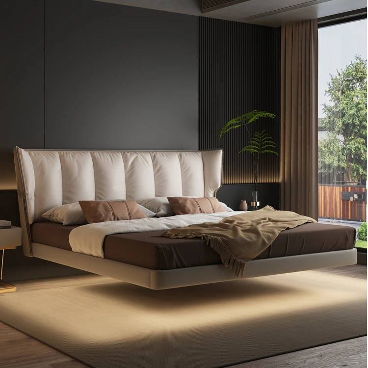 意式轻奢悬浮床2.0*2.2m现代主卧榉木齐边小户型双人储物真皮婚床