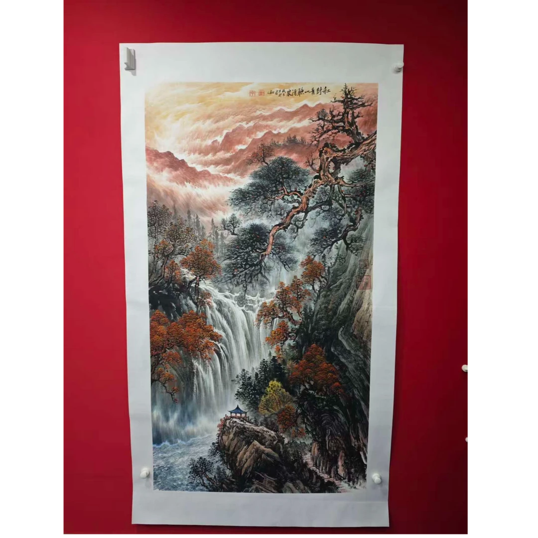 李新社手绘宣纸六尺竖幅红树青山听清泉山水国画