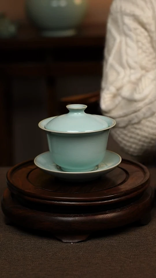 瓷片天青色全手工三才元宝盖碗150ml微瑕不带礼盒