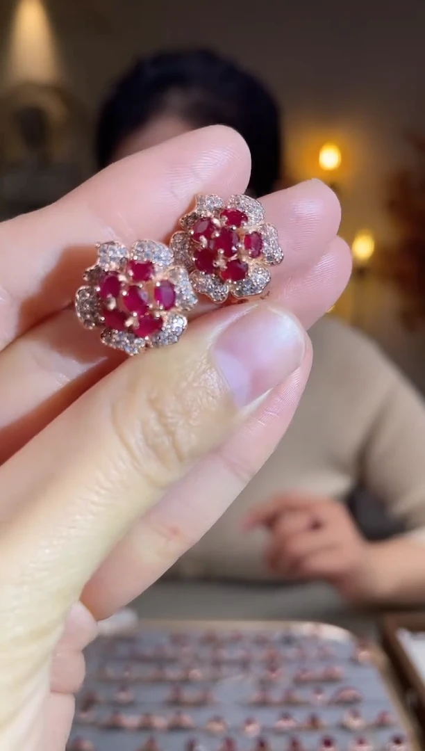 银S925镶嵌耳饰红宝石耳饰