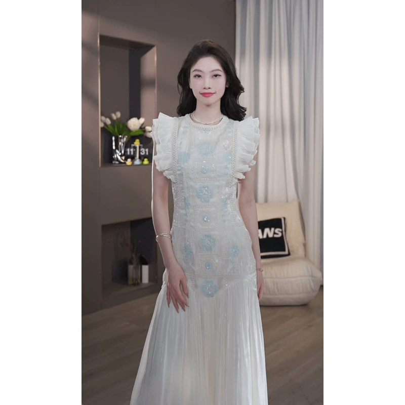 TANS【流光梦境】法式高级感重工掐腰圆领温柔系无袖连衣裙