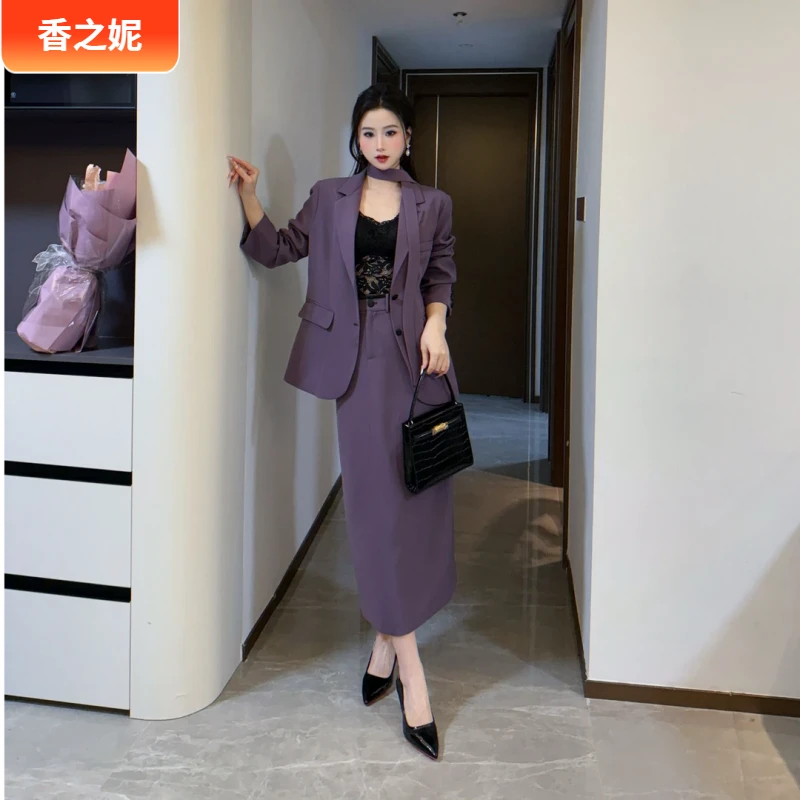 1撞色显瘦时尚西装外套半身裙两件套春季2025新款小众韩版女士I