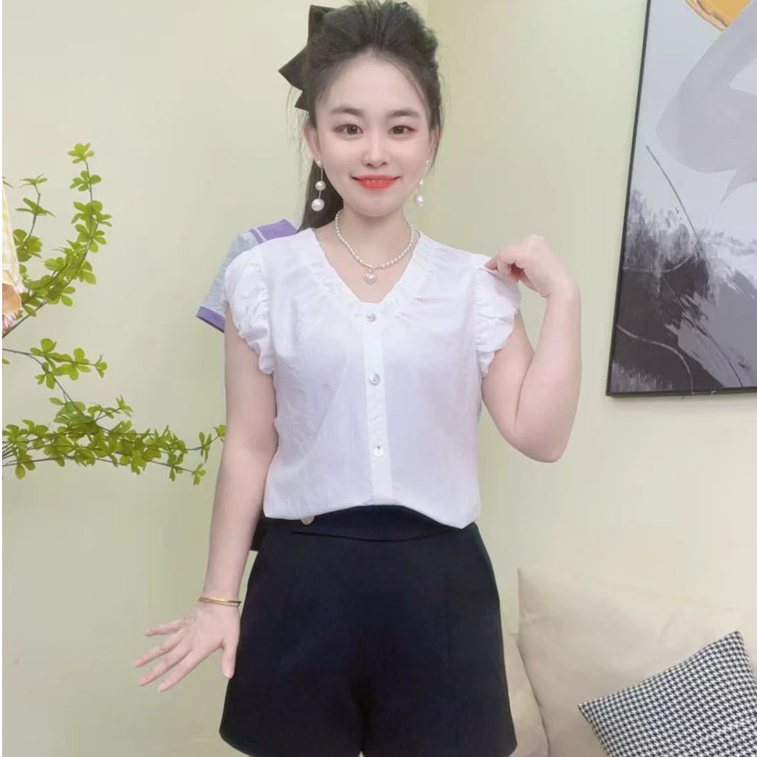 淑女日记··女士纯色褶皱常规飞飞袖夏季衬衫网红夏装显瘦上衣（615