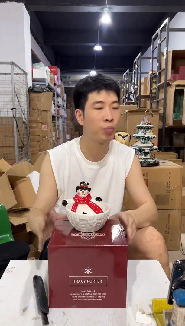 瓷片原盒雪人碗 陶瓷材质