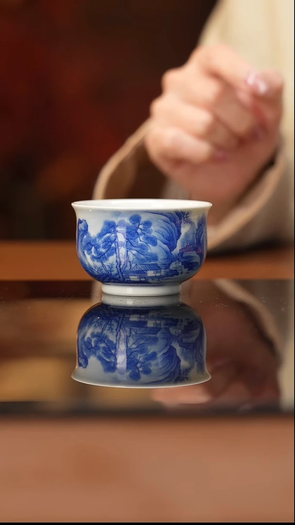 杯看山柴窑青花山水