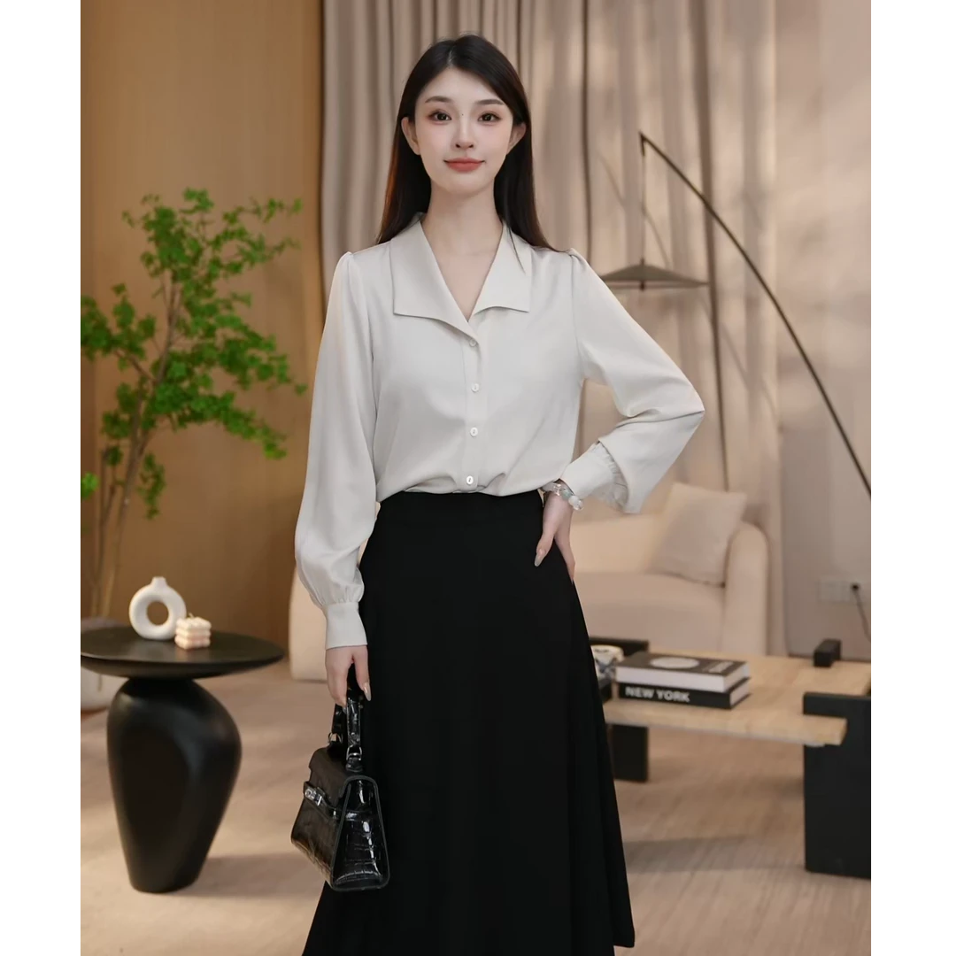 【佳莹甄选】秋季新款时尚长袖衬衣米杏色显瘦衬衫女法式8593159A