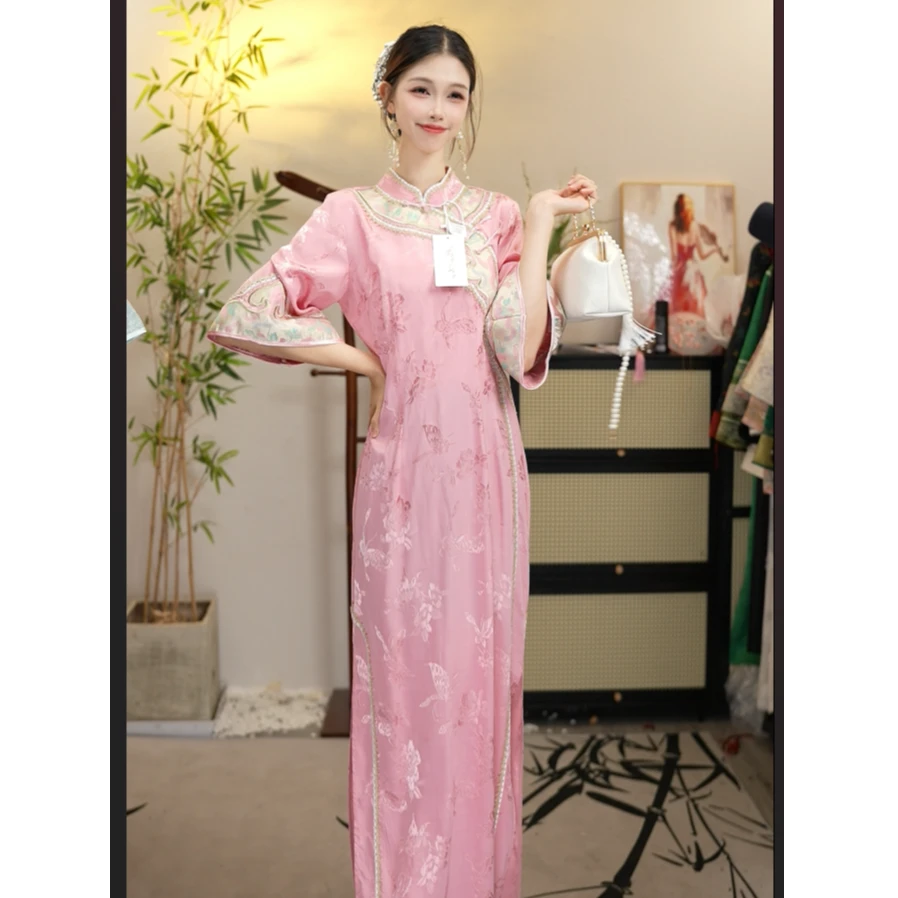 花想容2025夏季新款中国风飘逸日常樱粉长款重磅刺绣旗袍WW（2787）