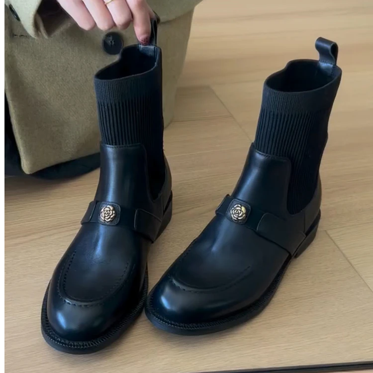 牛皮版~真皮山茶花弹力瘦瘦靴女百搭复古英伦粗跟短靴袜靴马丁靴