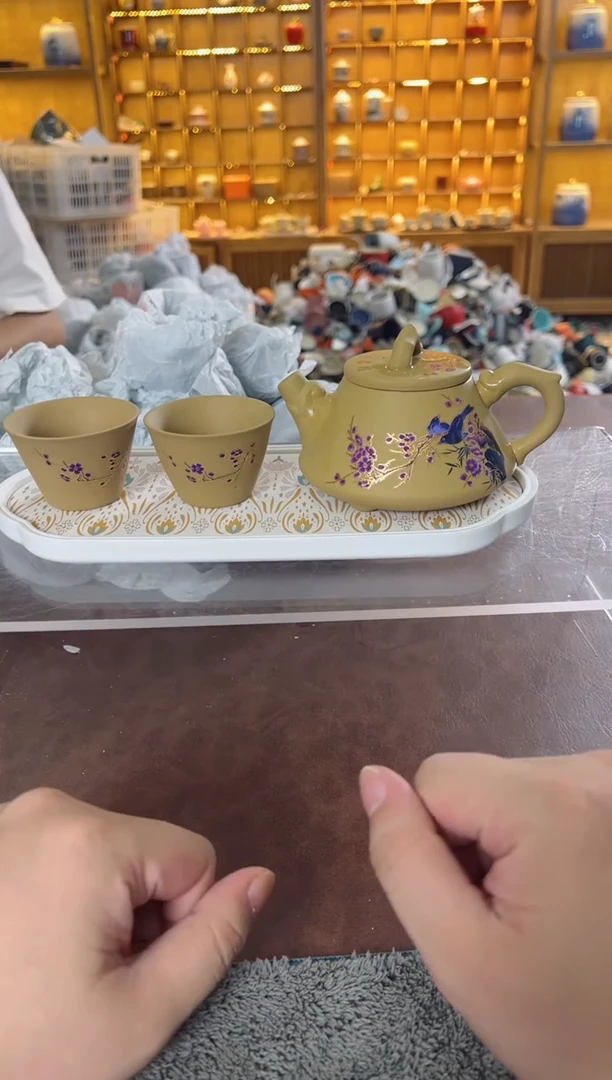 瓷片鸣盏居11111111黄段泥紫砂石瓢壶+2杯+茶盘