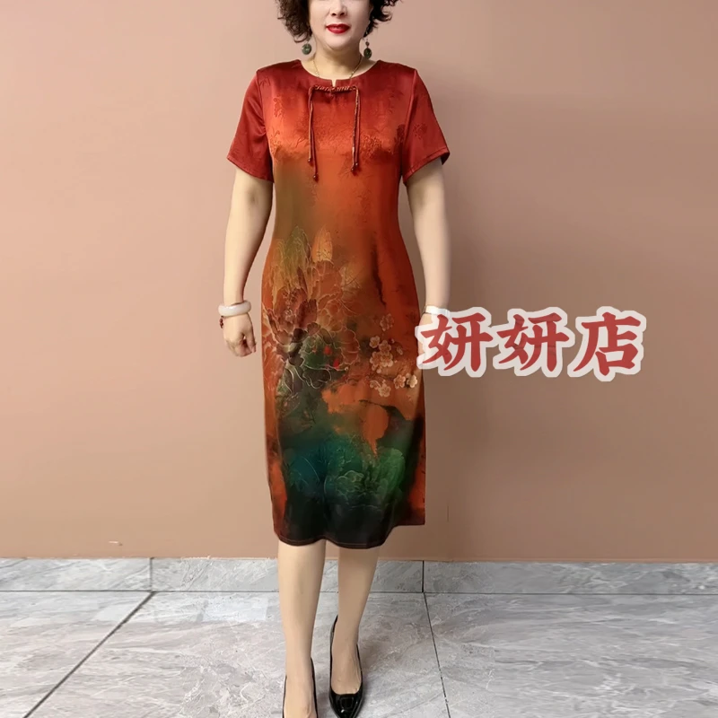 2511中老年女装妈妈夏季装杭州真丝国风连衣裙阔太太洋气裙子遮肉