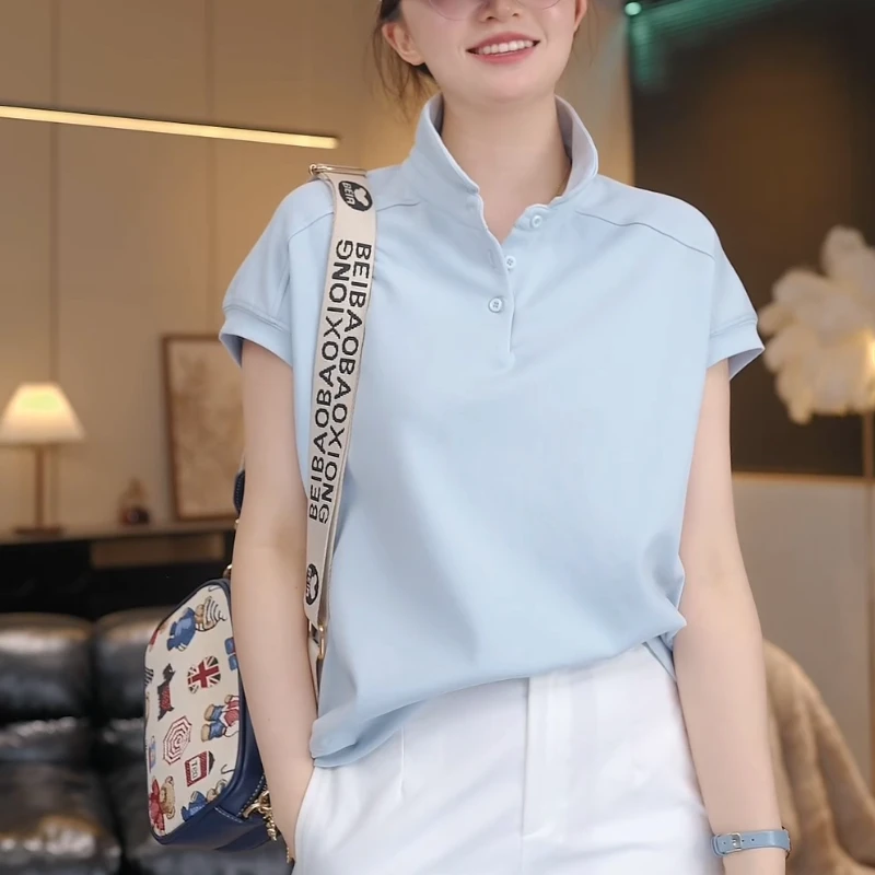 纯色polo领短袖T恤女2025夏季新款落肩袖宽松显瘦百搭针织衫短袖