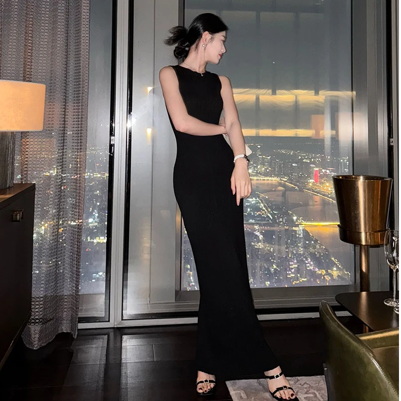 千金风圆领长裙轻熟风夏季及裸连衣裙气质名媛收腰显瘦针织包臀裙