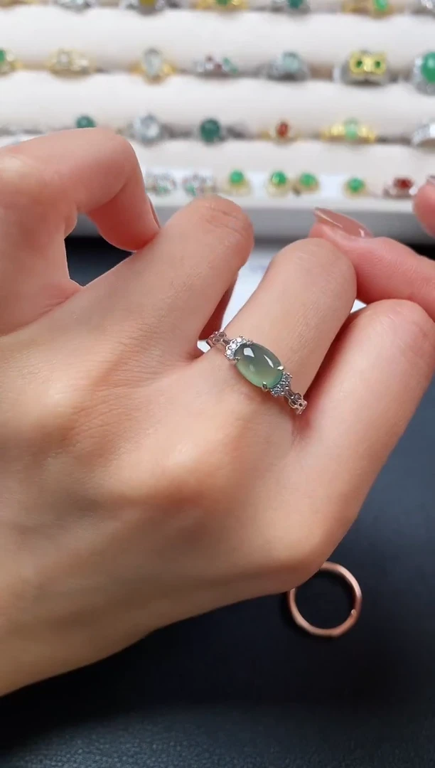 银S925镶嵌戒指翡翠天然缅甸A货翡翠11 7-6