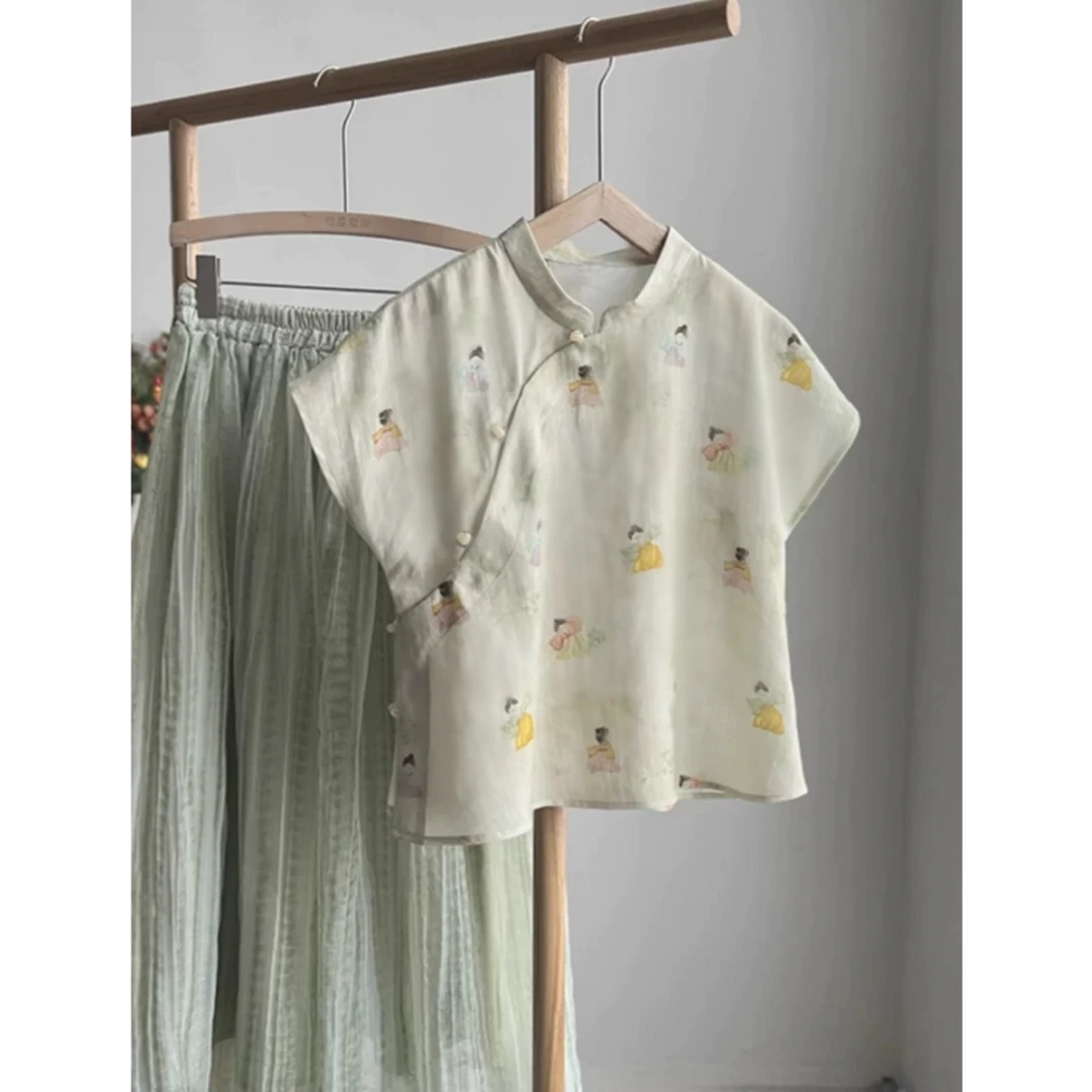 新中式复古印花衬衫女气质显瘦立领斜襟国风小衫9510