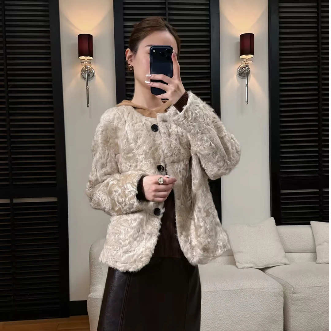 HELA AOMI “奶茶小湖羊”羊毛革慵懒风圆领宽松短款皮草CY5DC40683