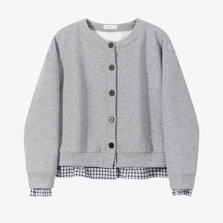 现现-休闲加绒假两件拼接长袖外套宽松显瘦灰色上衣Y41147335