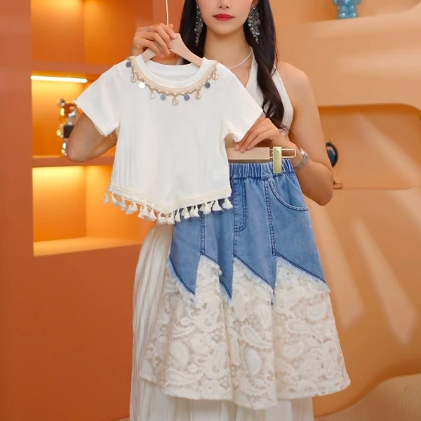 【Q·Z专属 实体品质】2025女中大童夏季新款百搭短袖时尚民族风套装