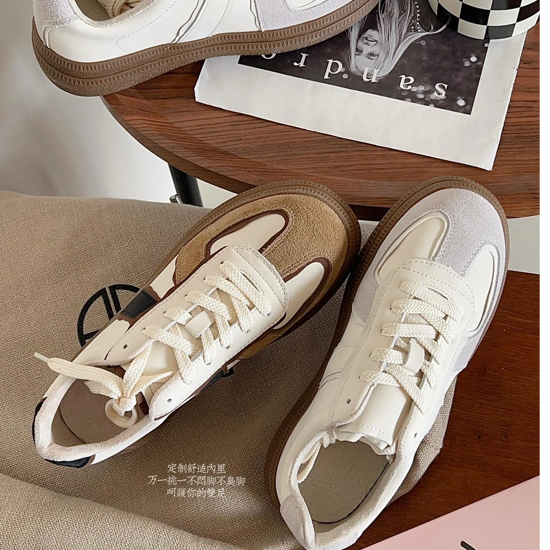 牛皮厚底系带拼色美拉德牛皮厚底休闲板鞋韩风真皮牛皮德训鞋拖鞋