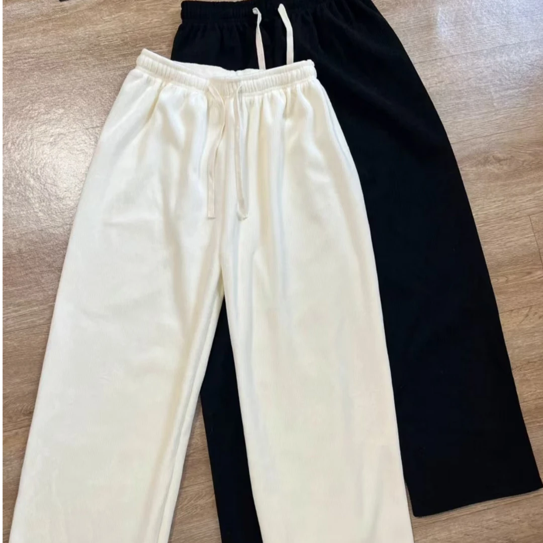 欧若风春秋款竖条纹直筒显瘦外穿百搭健身瑜伽休闲裤白色裤子运动