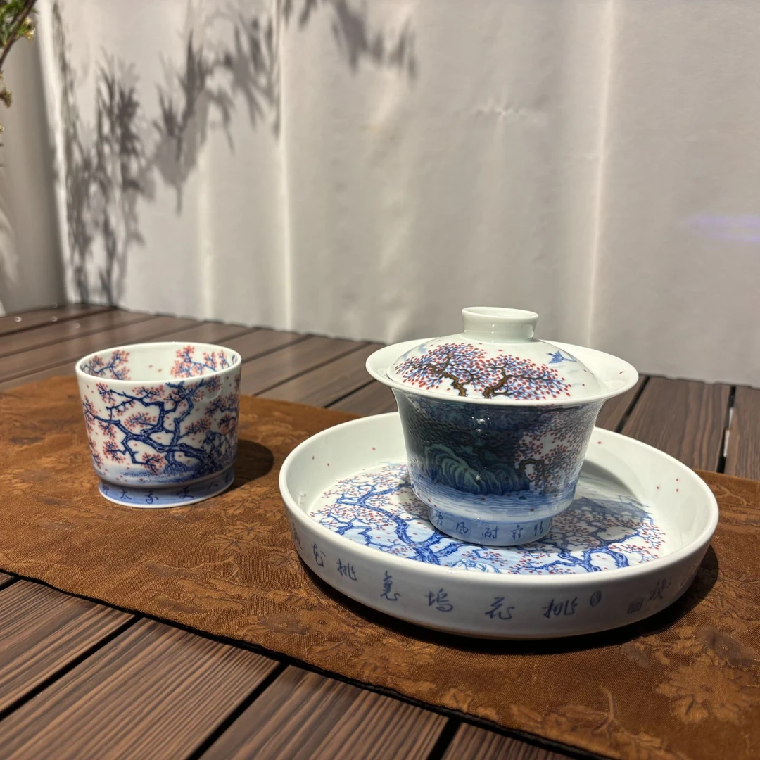 景德镇陶瓷/茶具/斗彩桃花坞诗人赏花系列/瓷盖碗釉下彩、