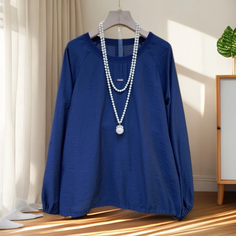 早秋2025新款大码女装时尚显瘦圆领抽绳设计感衬衫减龄长袖上衣女