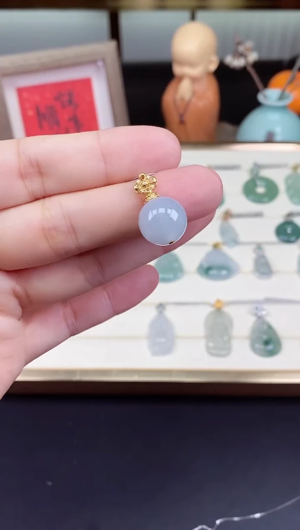 吊坠(不含链)18K金镶嵌翡翠圆珠18K金扣镶嵌@@CMT