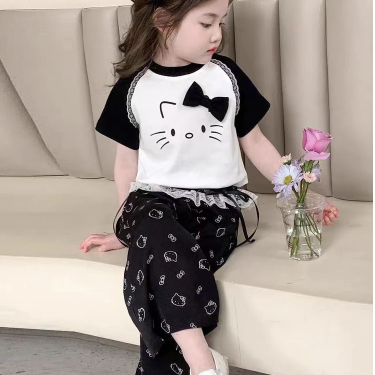 女童夏装短袖套装2025新款时尚儿童T恤防蚊裤时髦两件套夏季衣服