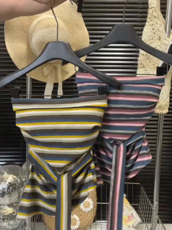 撞色条纹收腰绑带抹胸背心女夏季修身无袖裹胸辣妹风短款上衣外穿