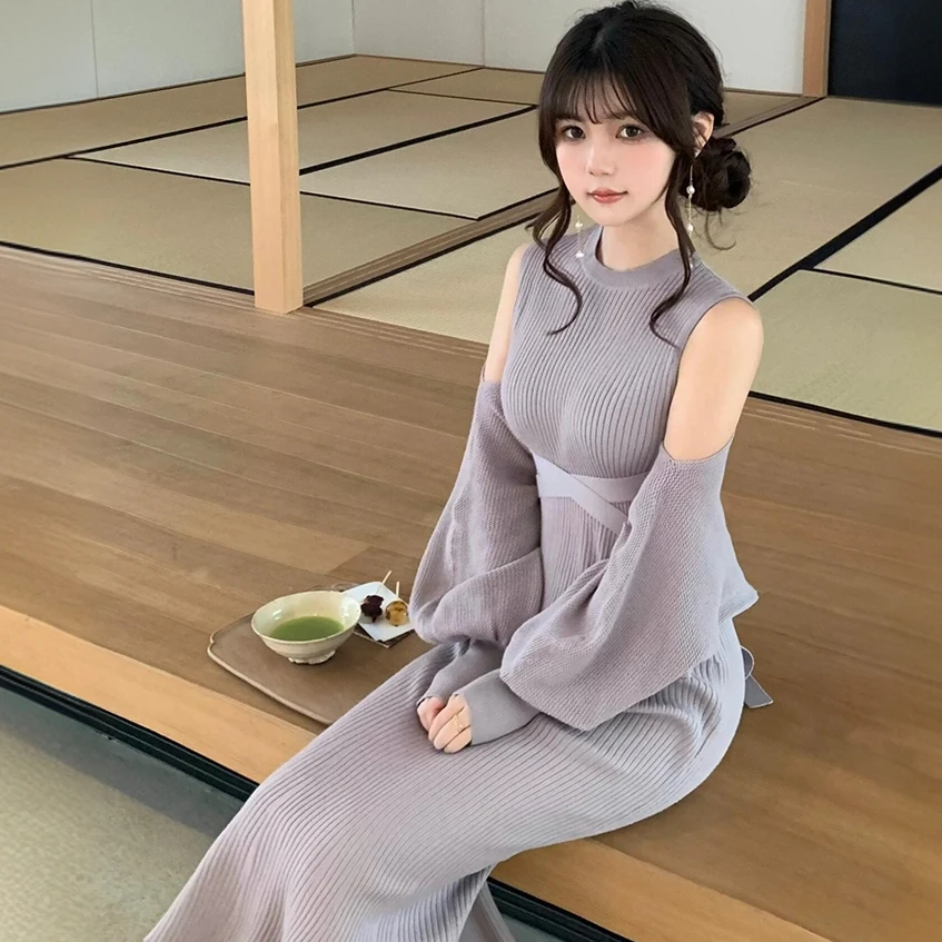 K7029大码法式纯欲针织修身毛衣裙女洋气胖mm罩衫包臀裙温柔套装