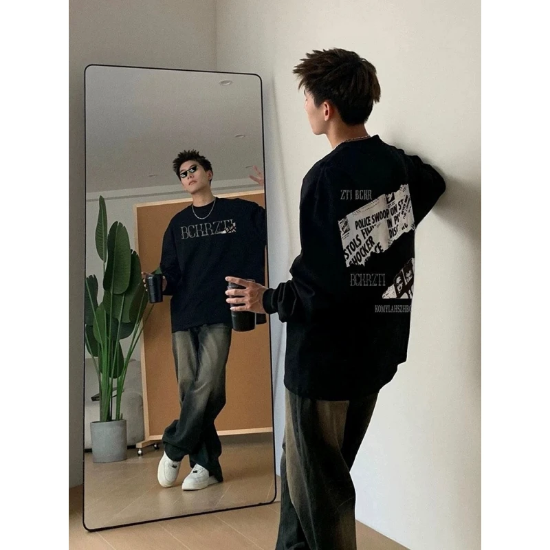 重磅纯棉长袖美式高街罗口t恤潮牌痞帅炸街打底衫秋冬季内搭潮流