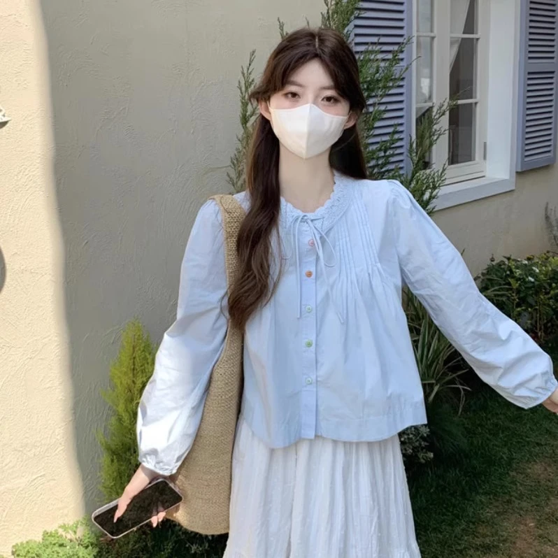 韩系圆领蕾丝花边泡泡袖衬衫女春夏设计感压褶女生韩系ins衣服