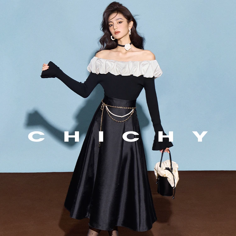 【尚雅】CHICHY洋气千金荷叶边一字领长袖毛针织衫CT0D002243