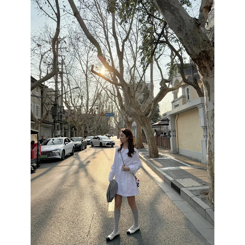 2025夏季新款甜美气质娃娃领白色衬衫连衣裙女时尚洋气小众薄款裙