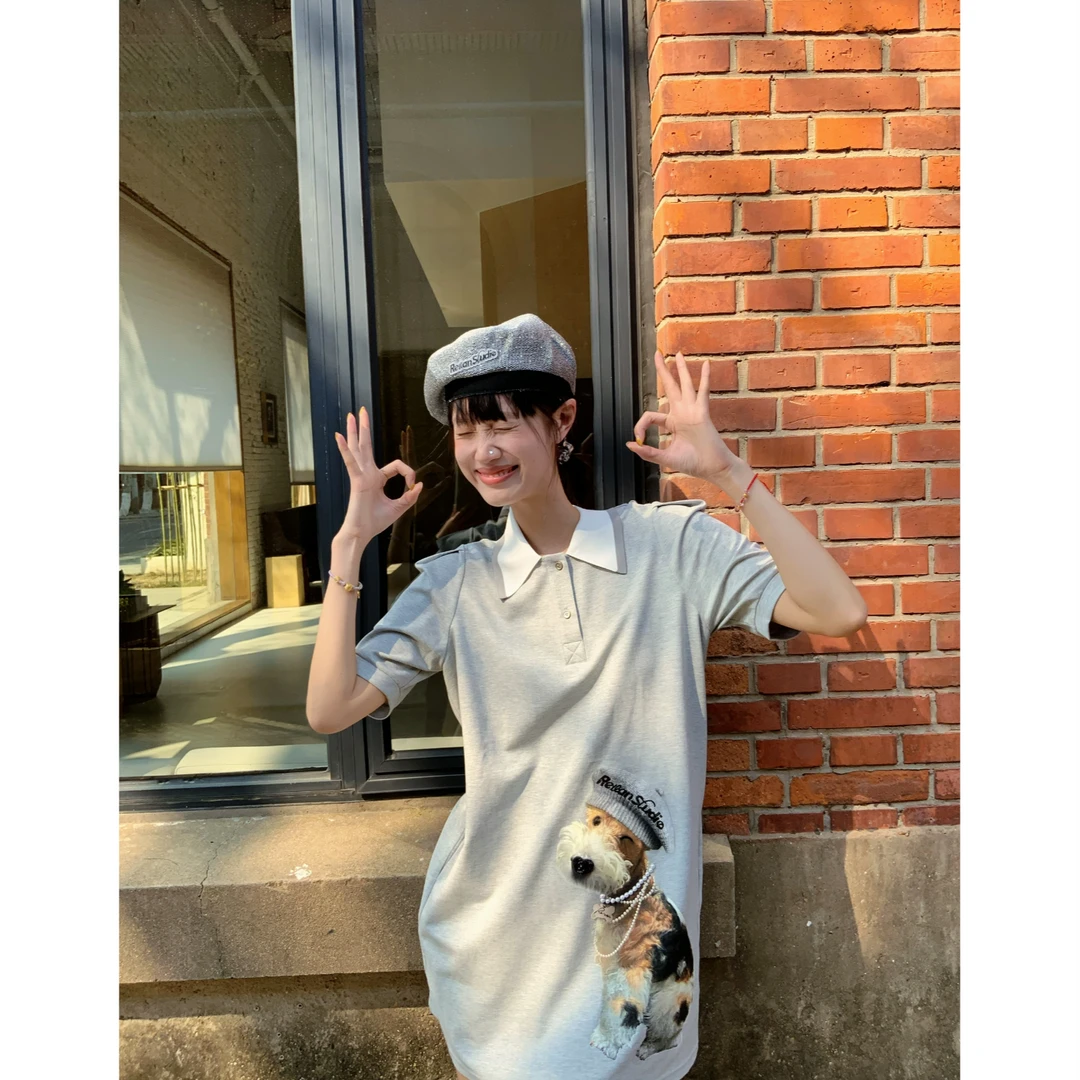 萌宠小狗印花短袖连衣裙2025年夏季新款POLO领棉质短裙7313